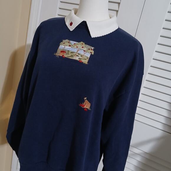 VTG Top Stitch Large Navy Blue Long-Sleeved Apple-Themed Collared Sweatshirt - Picture 4 of 12
